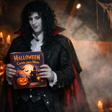 Hombre vestido de vampiro, sostiene un libro titulado "Halloween" en un entorno tenebroso.